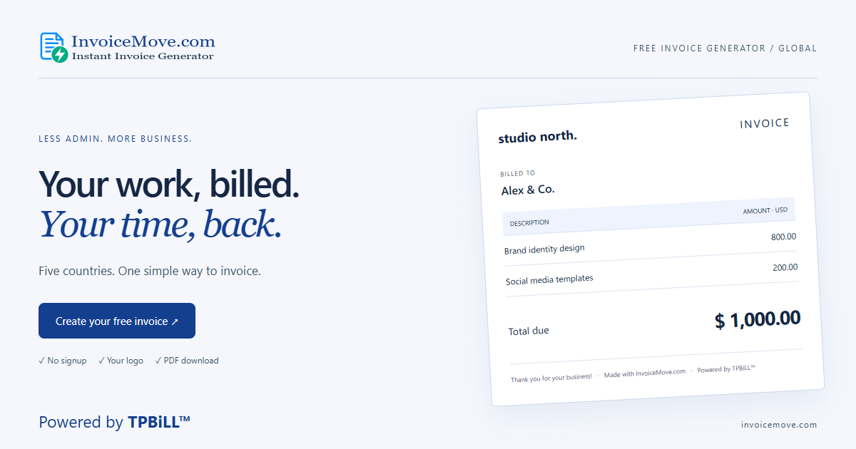 Free instant invoice generator | InvoiceMove.com Free instant invoice generator | InvoiceMove.com — sample invoice — Powered by TPBiLL™