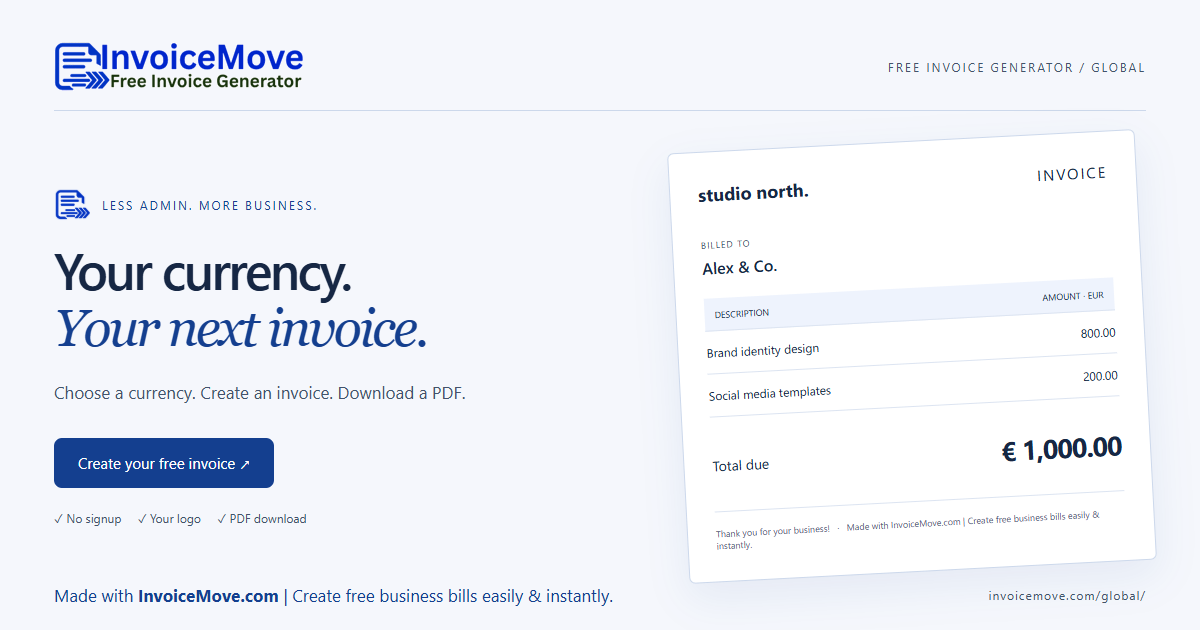 Instant invoice generator for Indonesia | InvoiceMove.com — Indonesia flag and sample IDR invoice — Made with InvoiceMove.com | Create free business bills easily & instantly.